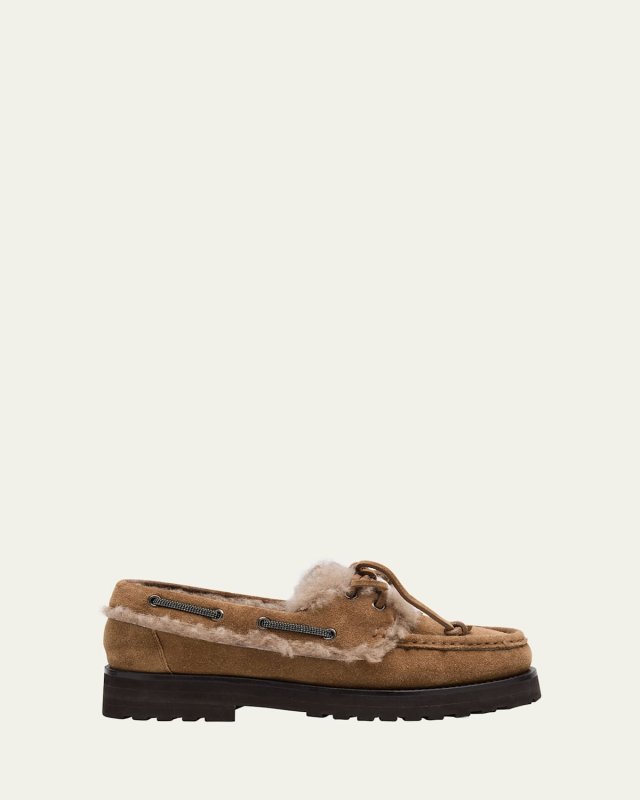 Monili Detail Shearling-Lined Suede Boat Shoes